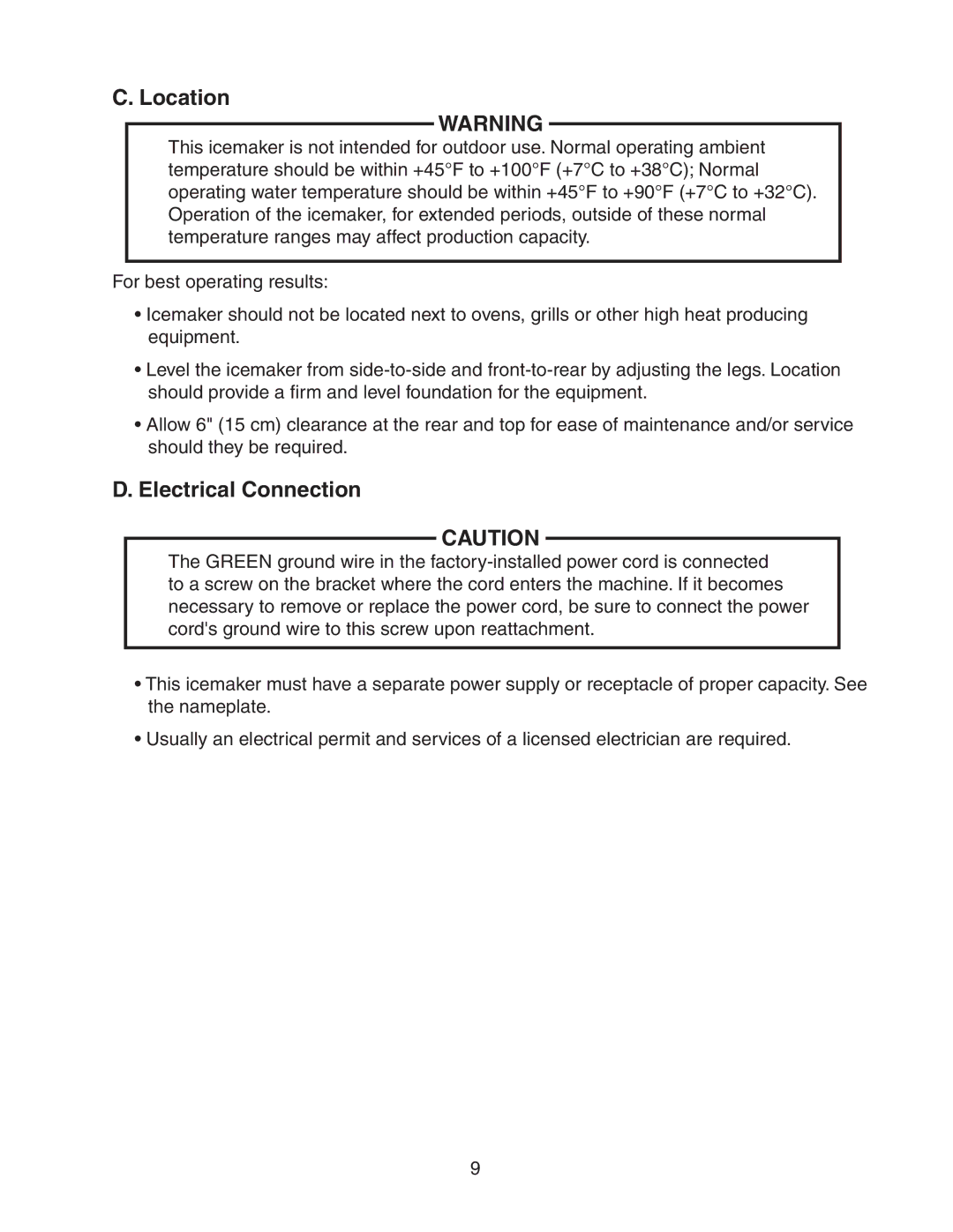 Hoshizaki KM-255BAH, KM-255BWH instruction manual Location, Electrical Connection 