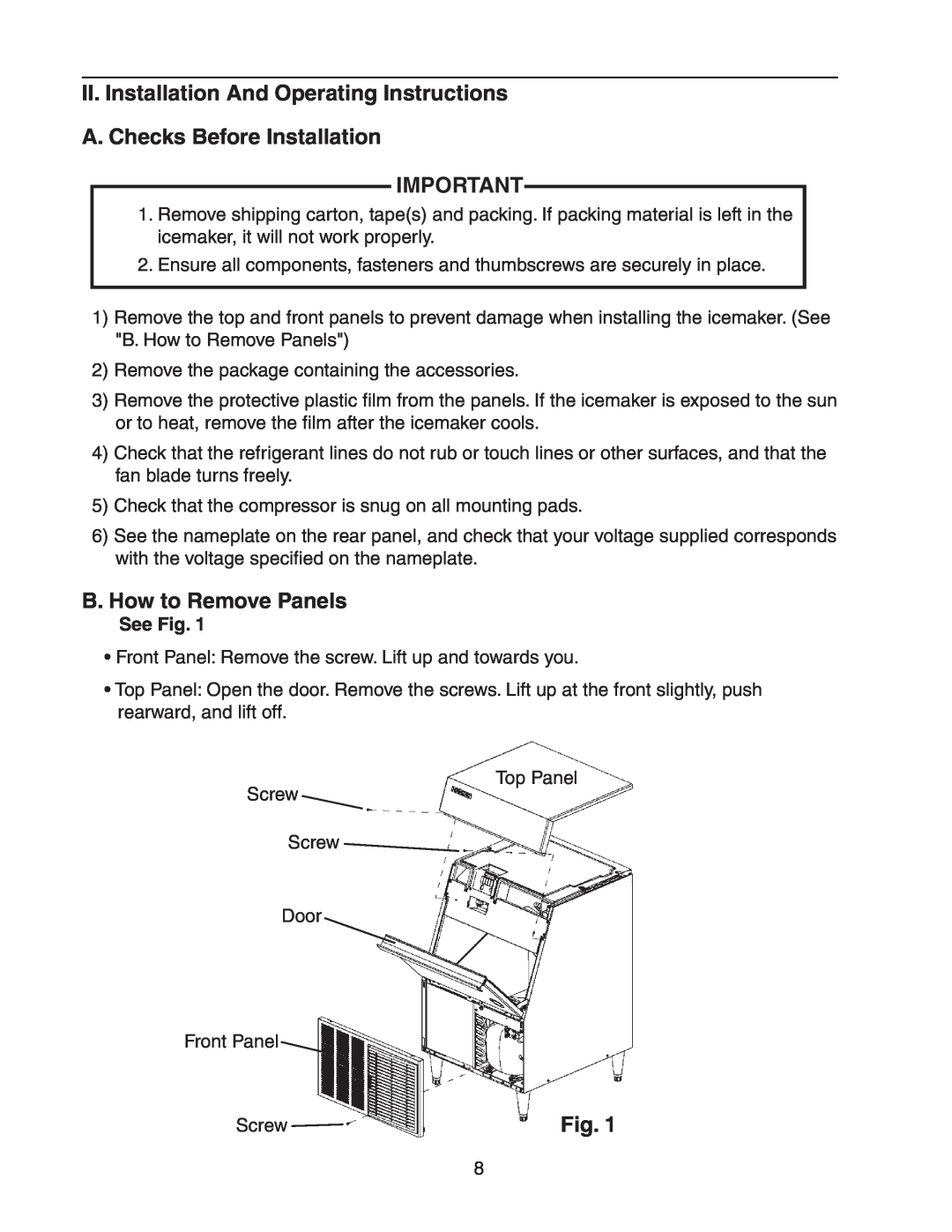 Hoshizaki KM-255BWH, KM-255BAH instruction manual B. How to Remove Panels, See Fig 