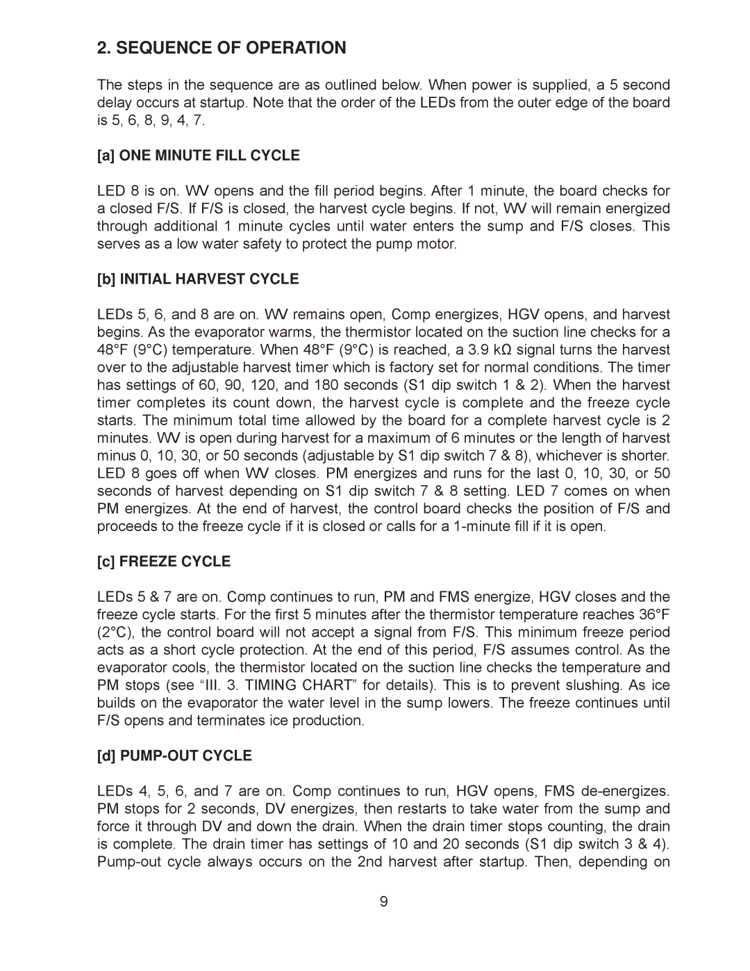 Hoshizaki KM-260BWH Sequence of Operation, ONE Minute Fill Cycle, Initial Harvest Cycle, Freeze Cycle, PUMP-OUT Cycle 