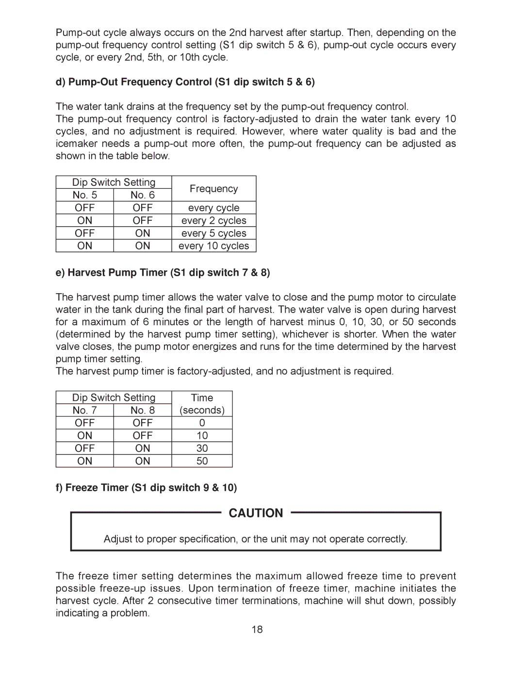 Hoshizaki KM-201BWH, KM-260BAH, KM-201BAH Pump-Out Frequency Control S1 dip switch 5, Harvest Pump Timer S1 dip switch 7 