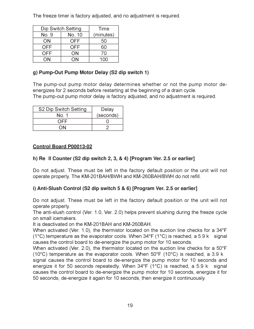 Hoshizaki KM-260BAH, KM-201BAH, KM-260BWH, KM-201BWH service manual Pump-Out Pump Motor Delay S2 dip switch 