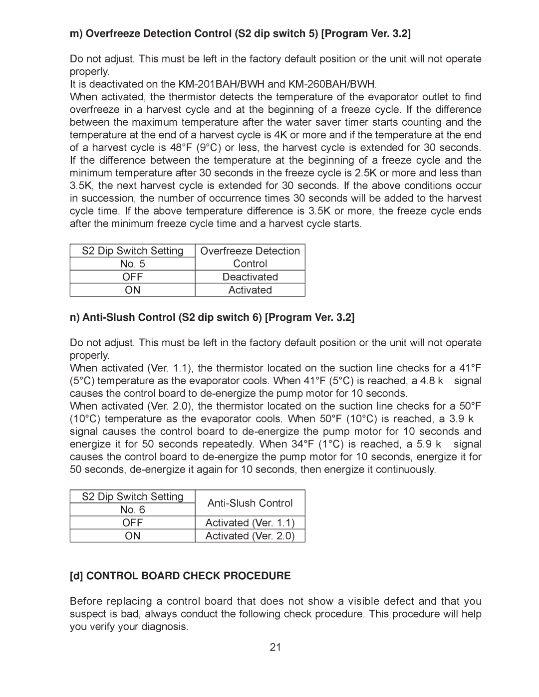 Hoshizaki KM-260BWH, KM-260BAH Overfreeze Detection Control S2 dip switch 5 Program Ver, Control Board Check Procedure 