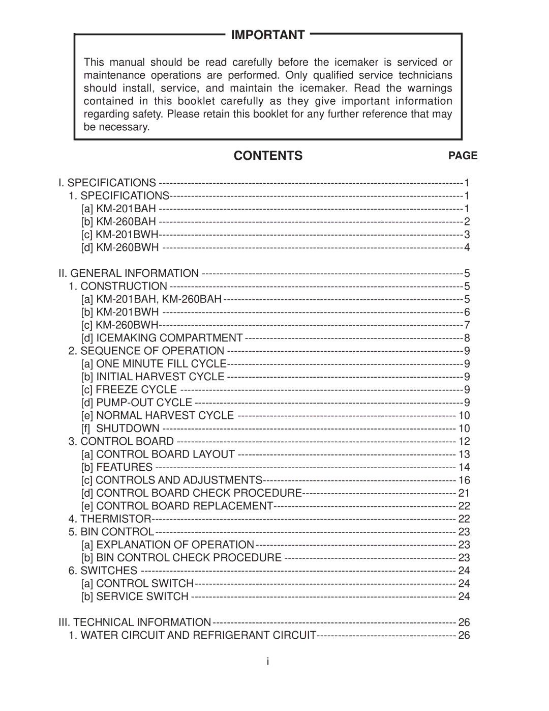 Hoshizaki KM-201BWH, KM-260BAH, KM-201BAH, KM-260BWH service manual Contents 