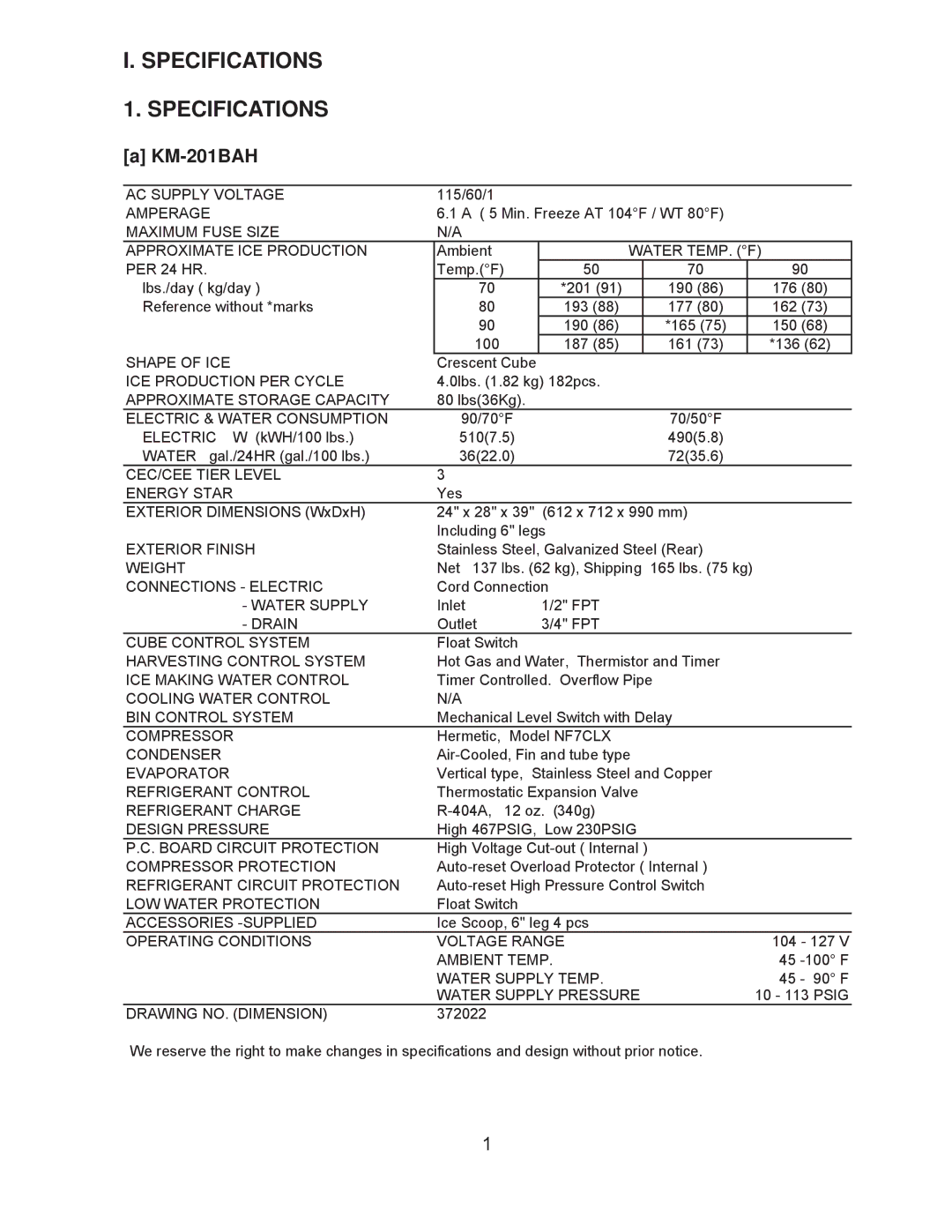 Hoshizaki KM-260BWH, KM-260BAH, KM-201BWH service manual Specifications 1. Specifications a KM-201BAH 