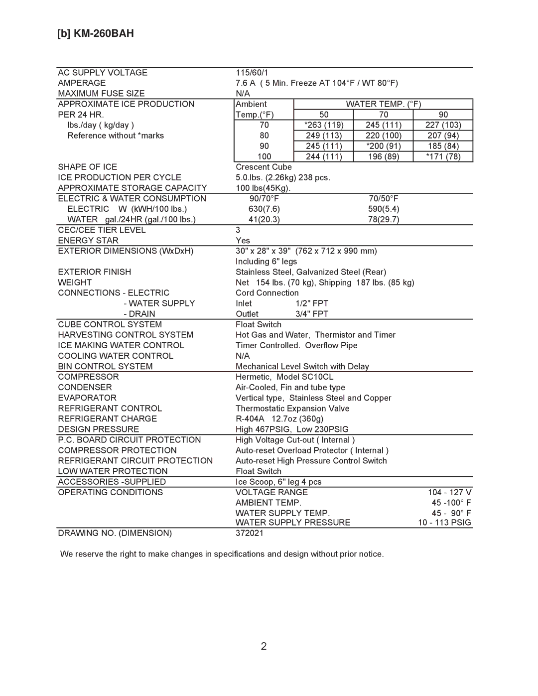 Hoshizaki KM-201BWH, KM-201BAH, KM-260BWH service manual KM-260BAH 