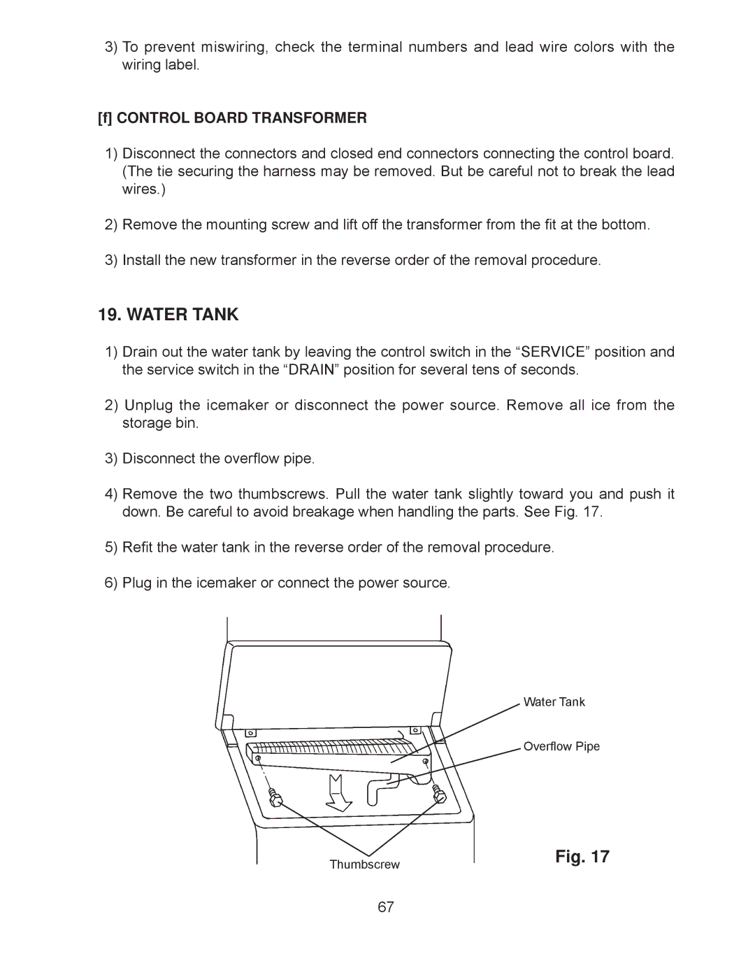 Hoshizaki KM-260BAH, KM-201BAH, KM-260BWH, KM-201BWH service manual Water Tank, Control Board Transformer 