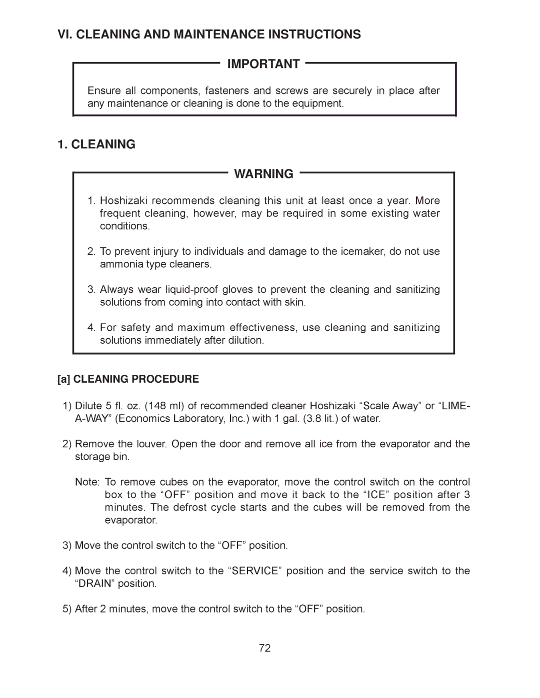 Hoshizaki KM-201BAH, KM-260BAH, KM-260BWH, KM-201BWH VI. Cleaning and Maintenance Instructions, Cleaning Procedure 