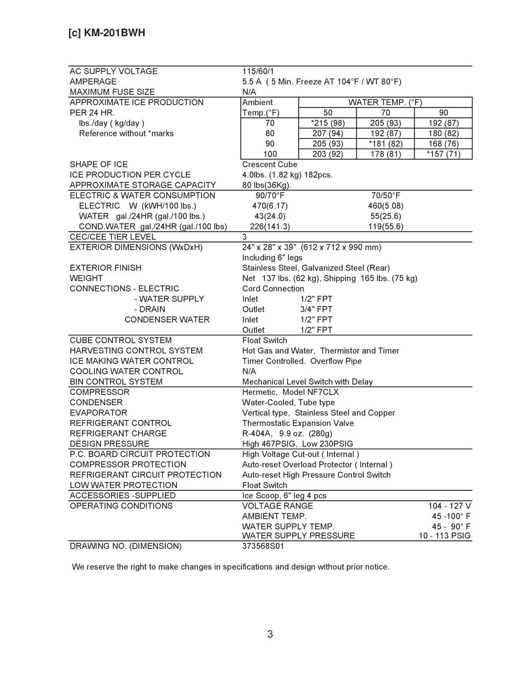 Hoshizaki KM-260BAH, KM-201BAH, KM-260BWH service manual KM-201BWH 