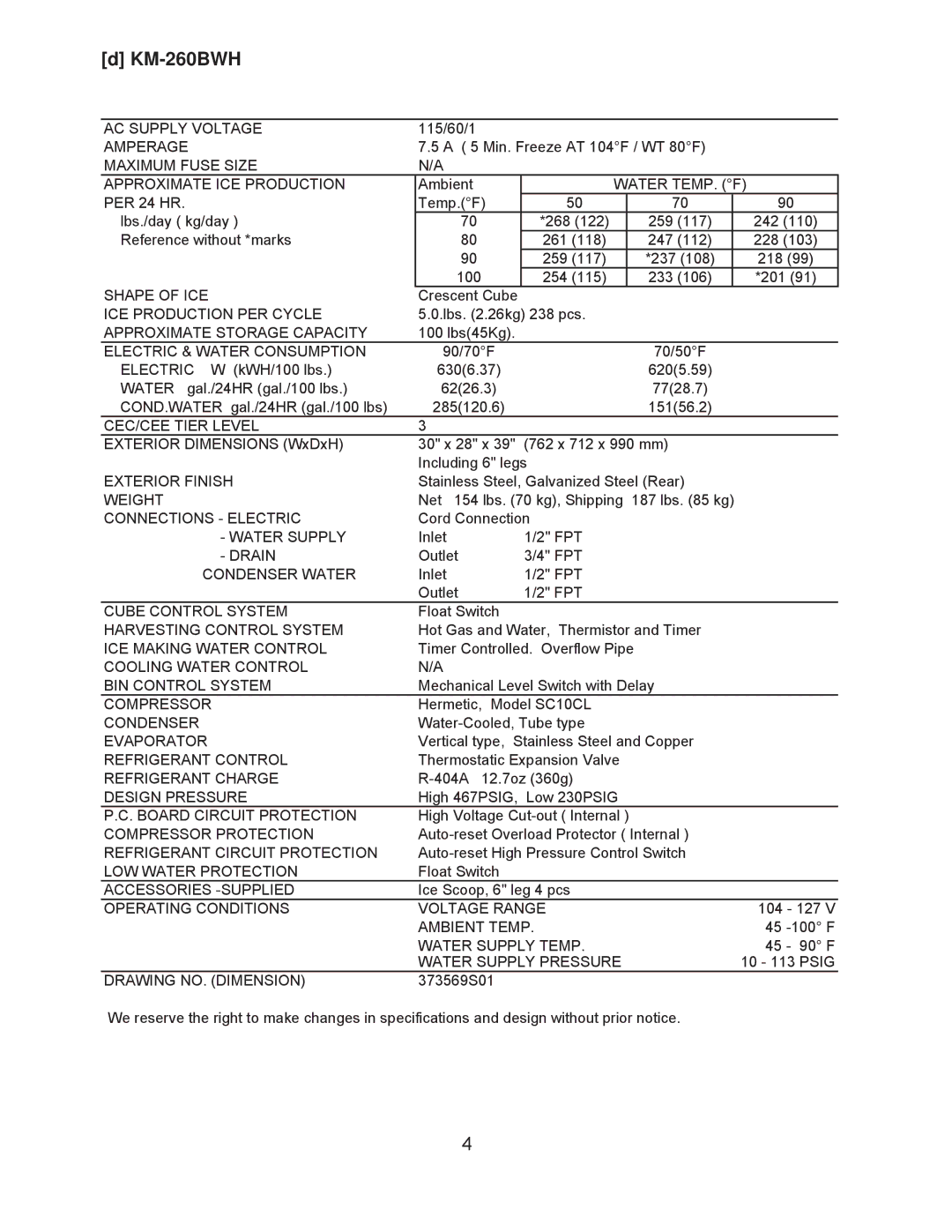 Hoshizaki KM-201BAH, KM-260BAH, KM-201BWH service manual KM-260BWH 