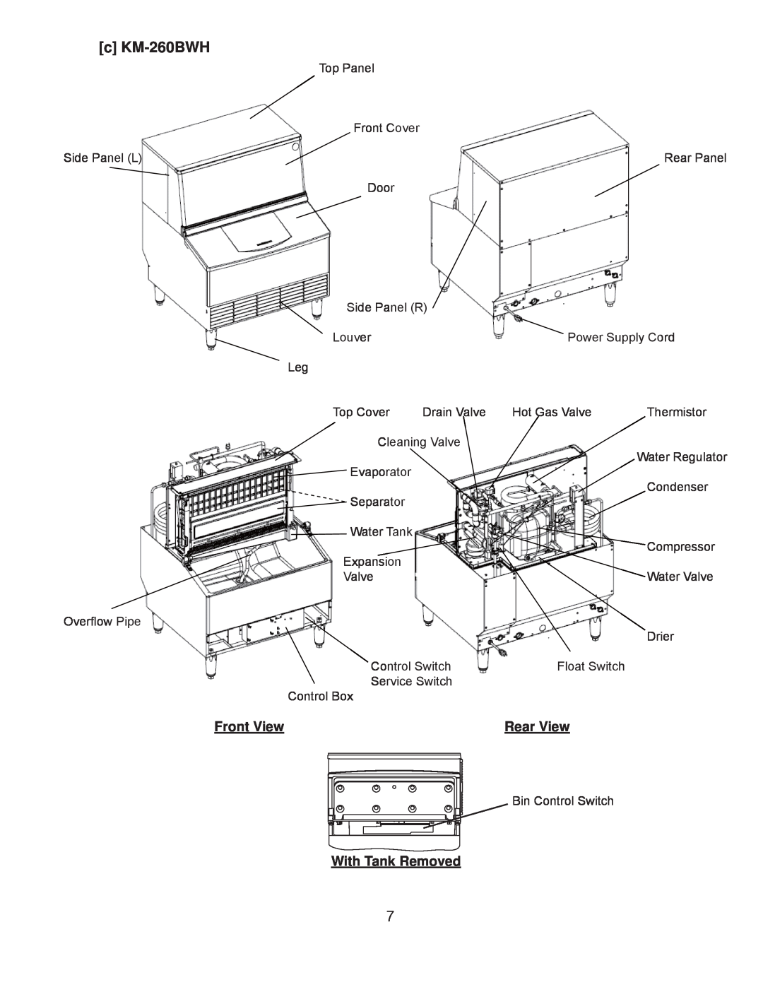 Hoshizaki KM-260BAH, KM-201BAH, KM-201BWH service manual c KM-260BWH, Front View, Rear View, With Tank Removed 