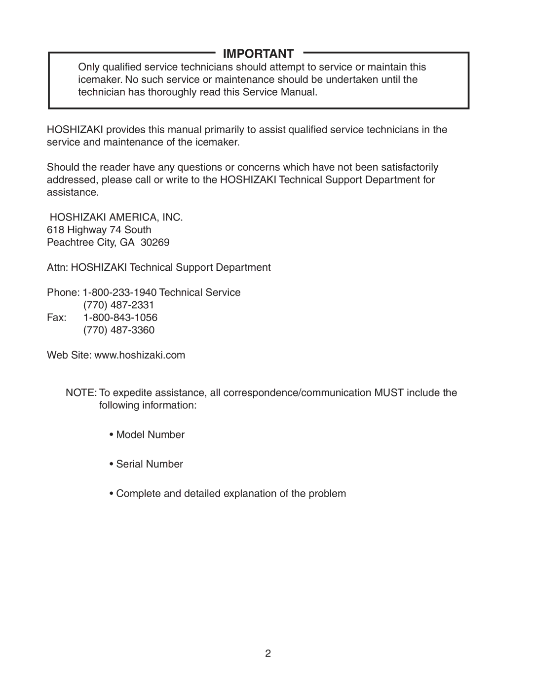 Hoshizaki KM-320MAH, KM-320MWH service manual Hoshizaki AMERICA, INC 