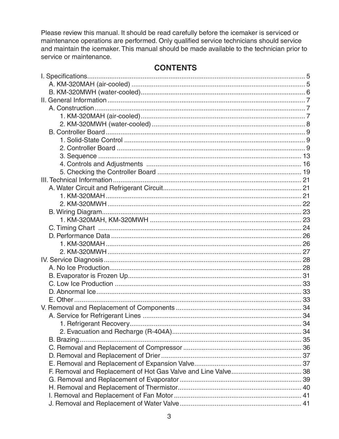 Hoshizaki KM-320MWH, KM-320MAH service manual Contents 