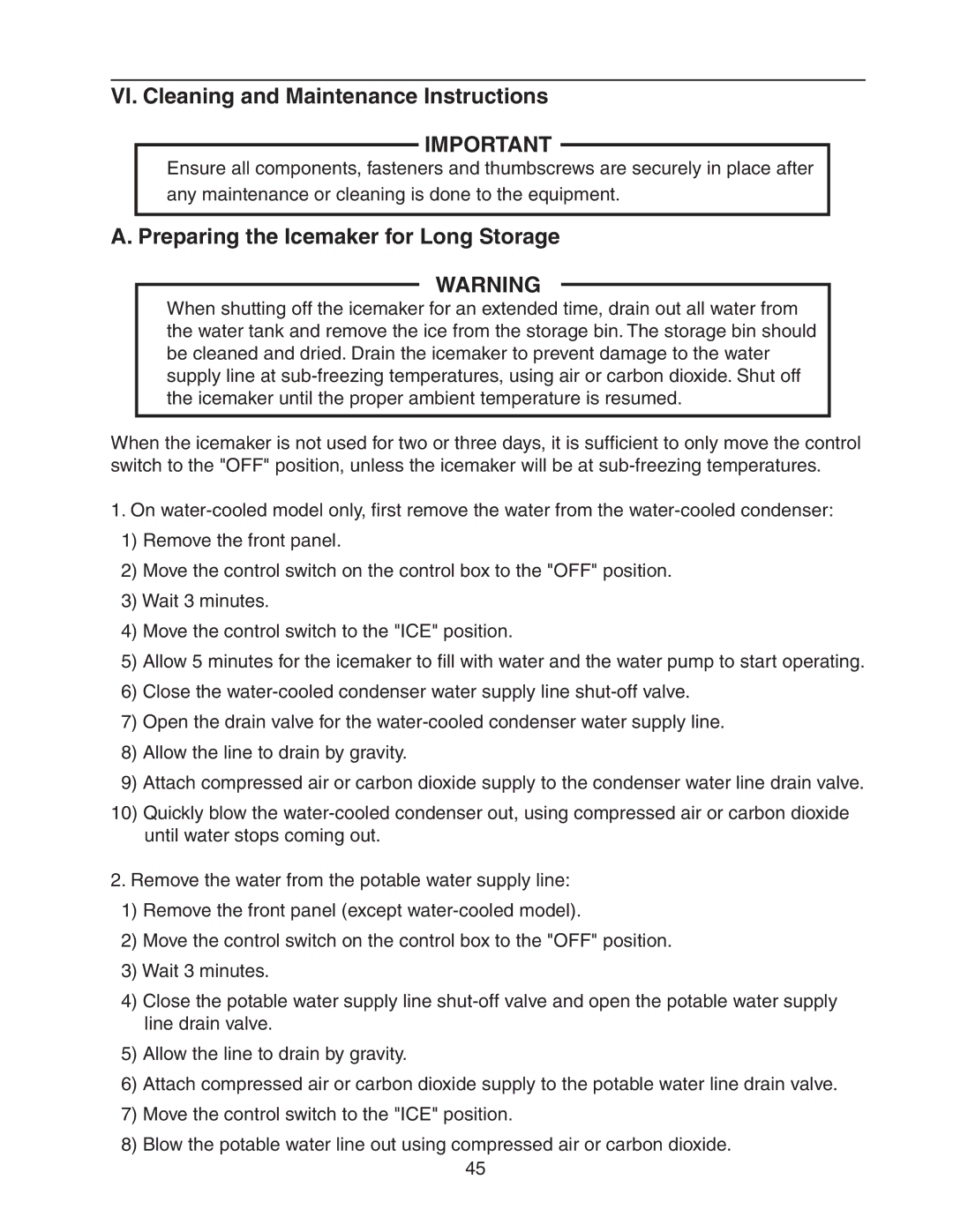 Hoshizaki KM-320MWH, KM-320MAH VI. Cleaning and Maintenance Instructions, Preparing the Icemaker for Long Storage 