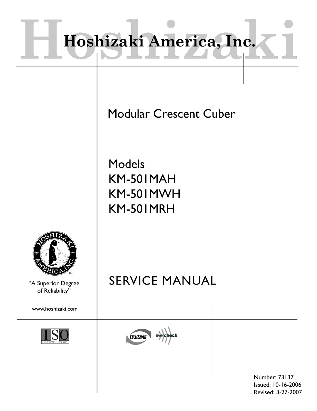 Hoshizaki service manual KM-501MAH KM-501MWH KM-501MRH 