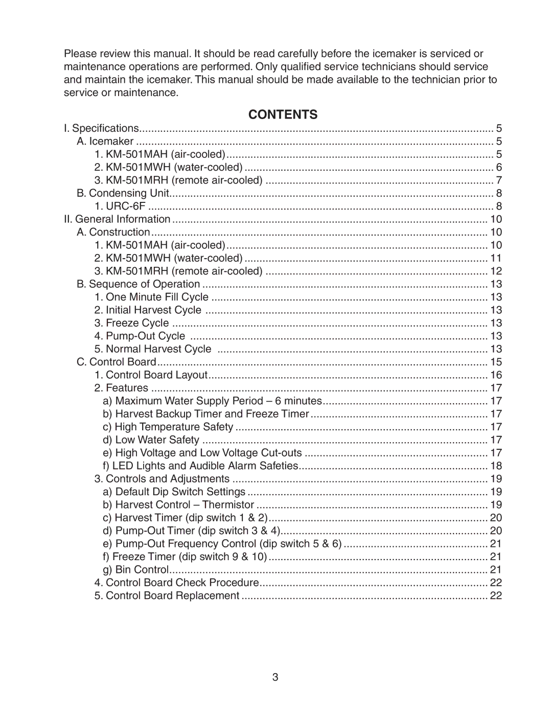 Hoshizaki KM-501MRH, KM-501MWH, KM-501MAH service manual Contents 