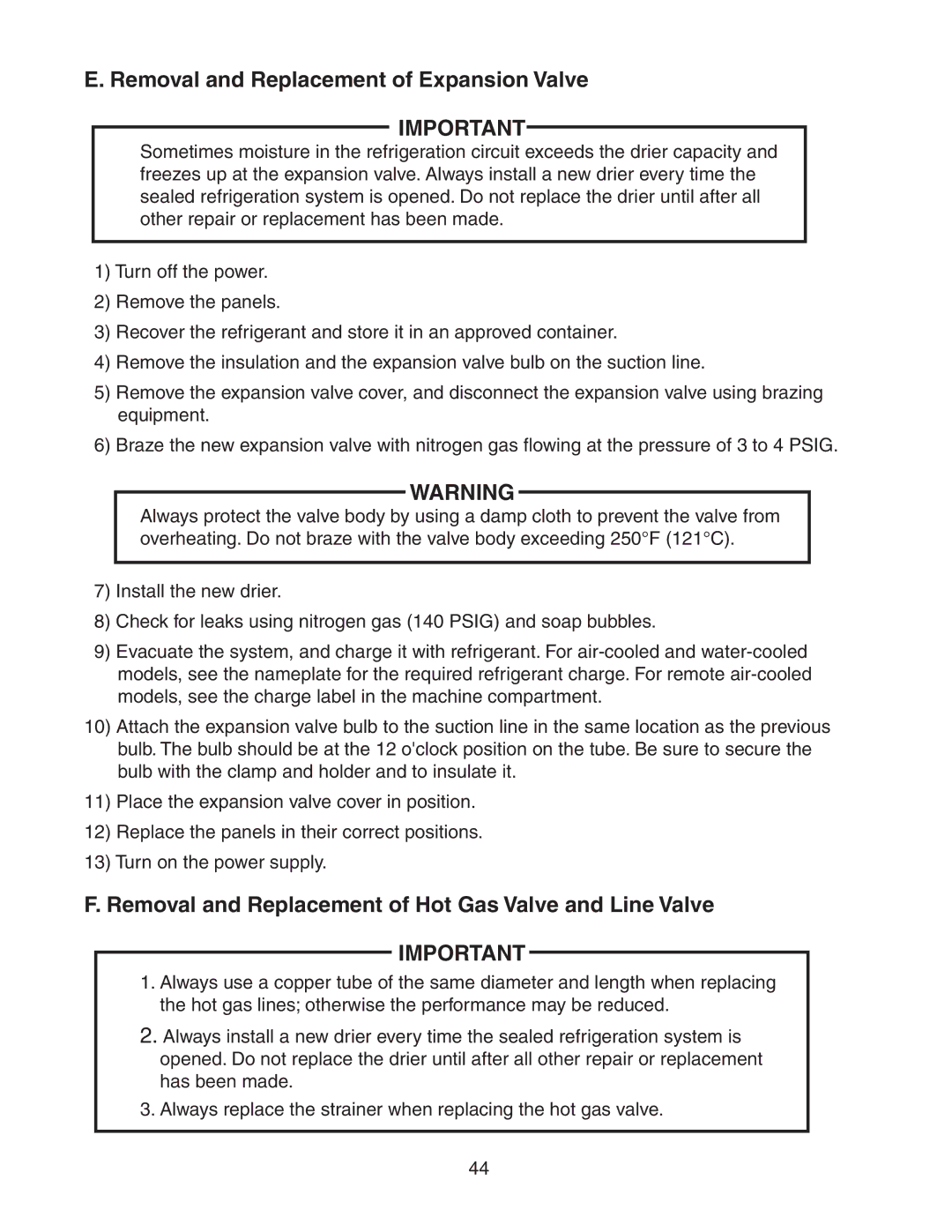 Hoshizaki KM-501MAH Removal and Replacement of Expansion Valve, Removal and Replacement of Hot Gas Valve and Line Valve 