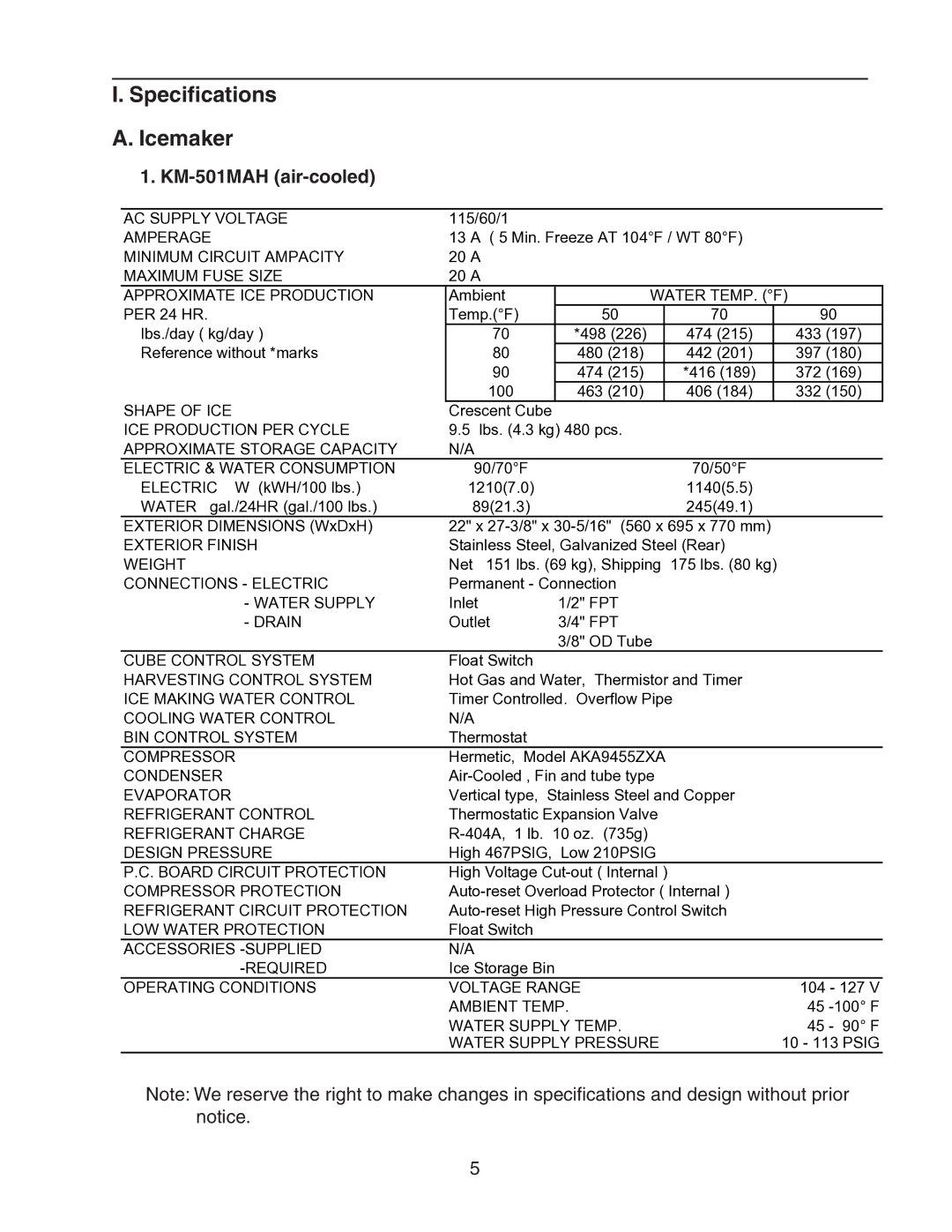 Hoshizaki KM-501MRH, KM-501MWH service manual Specifications Icemaker, KM-501MAH air-cooled 