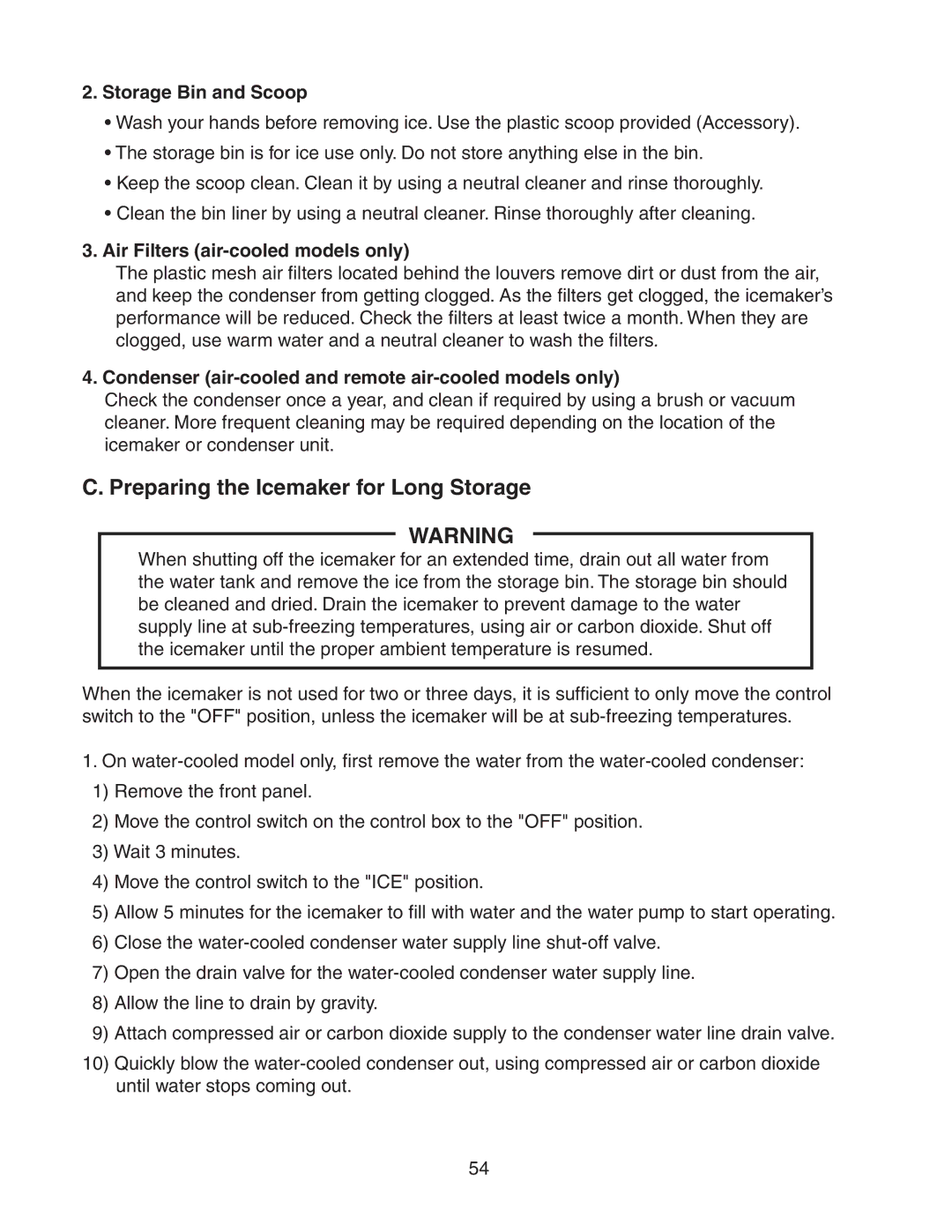 Hoshizaki KM-501MRH Preparing the Icemaker for Long Storage, Storage Bin and Scoop, Air Filters air-cooled models only 