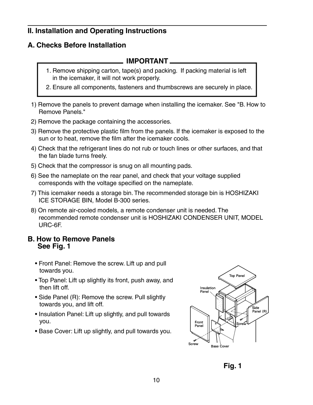 Hoshizaki KM-501MRH, KM-501MWH instruction manual How to Remove Panels See Fig 