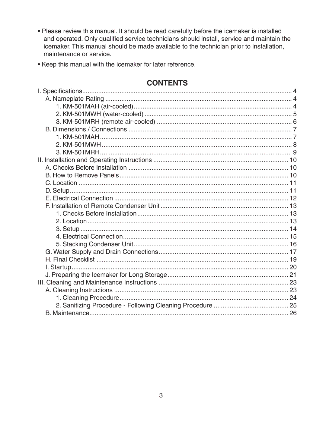 Hoshizaki KM-501MWH, KM-501MRH instruction manual Contents 