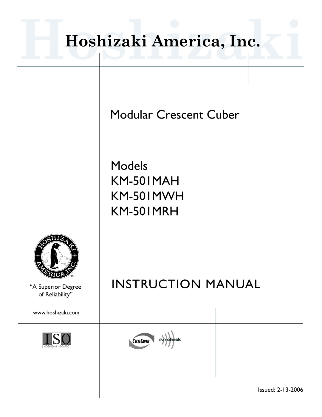 Hoshizaki instruction manual Modular Crescent Cuber Models KM-501MAH KM-501MWH KM-501MRH, Issued 
