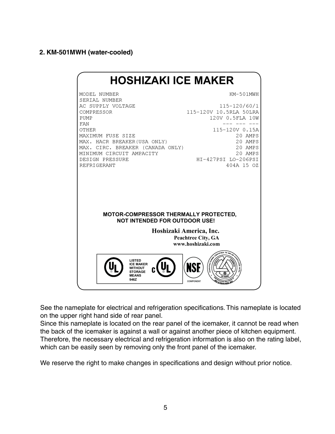 Hoshizaki KM-501MRH instruction manual KM-501MWH water-cooled, Hoshizaki Ice Maker, Hoshizaki America, Inc 