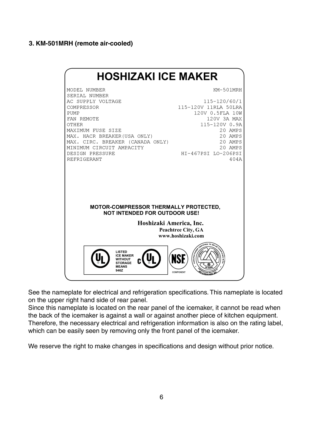 Hoshizaki KM-501MWH instruction manual KM-501MRH remote air-cooled, Hoshizaki Ice Maker, Hoshizaki America, Inc 