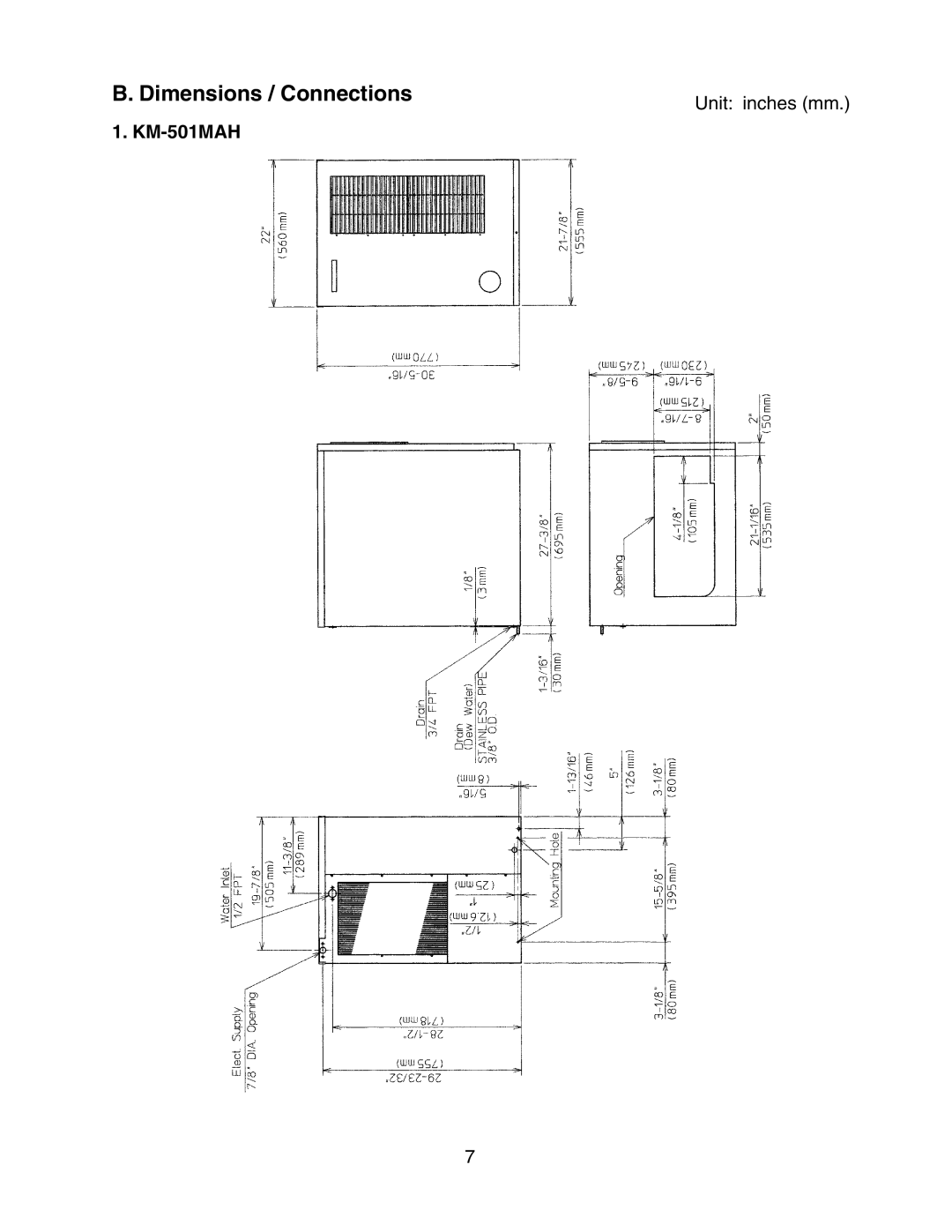 Hoshizaki KM-501MWH, KM-501MRH instruction manual B. Dimensions / Connections, KM-501MAH 