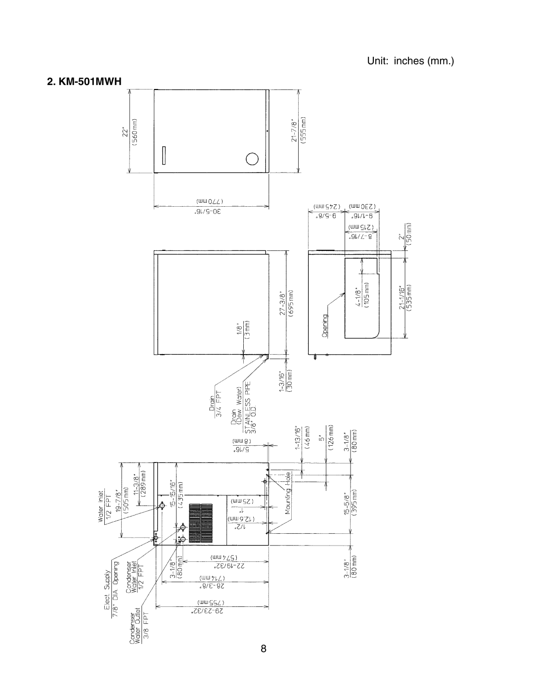 Hoshizaki KM-501MRH instruction manual KM-501MWH, Unit inches mm 