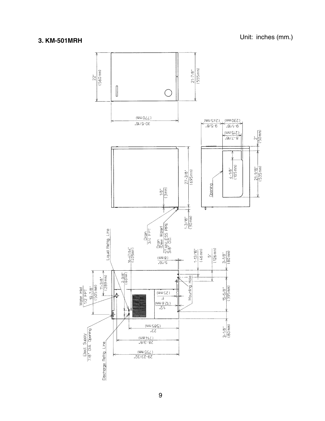 Hoshizaki KM-501MWH instruction manual KM-501MRH, Unit inches mm 