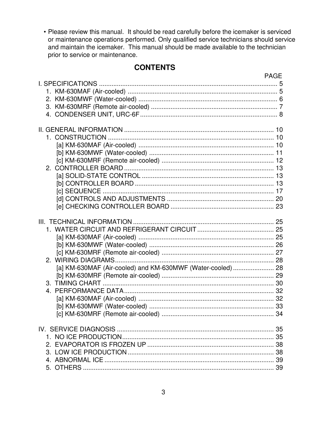 Hoshizaki KM-630MAF, KM-630MWF, KM-630MRF service manual Contents 