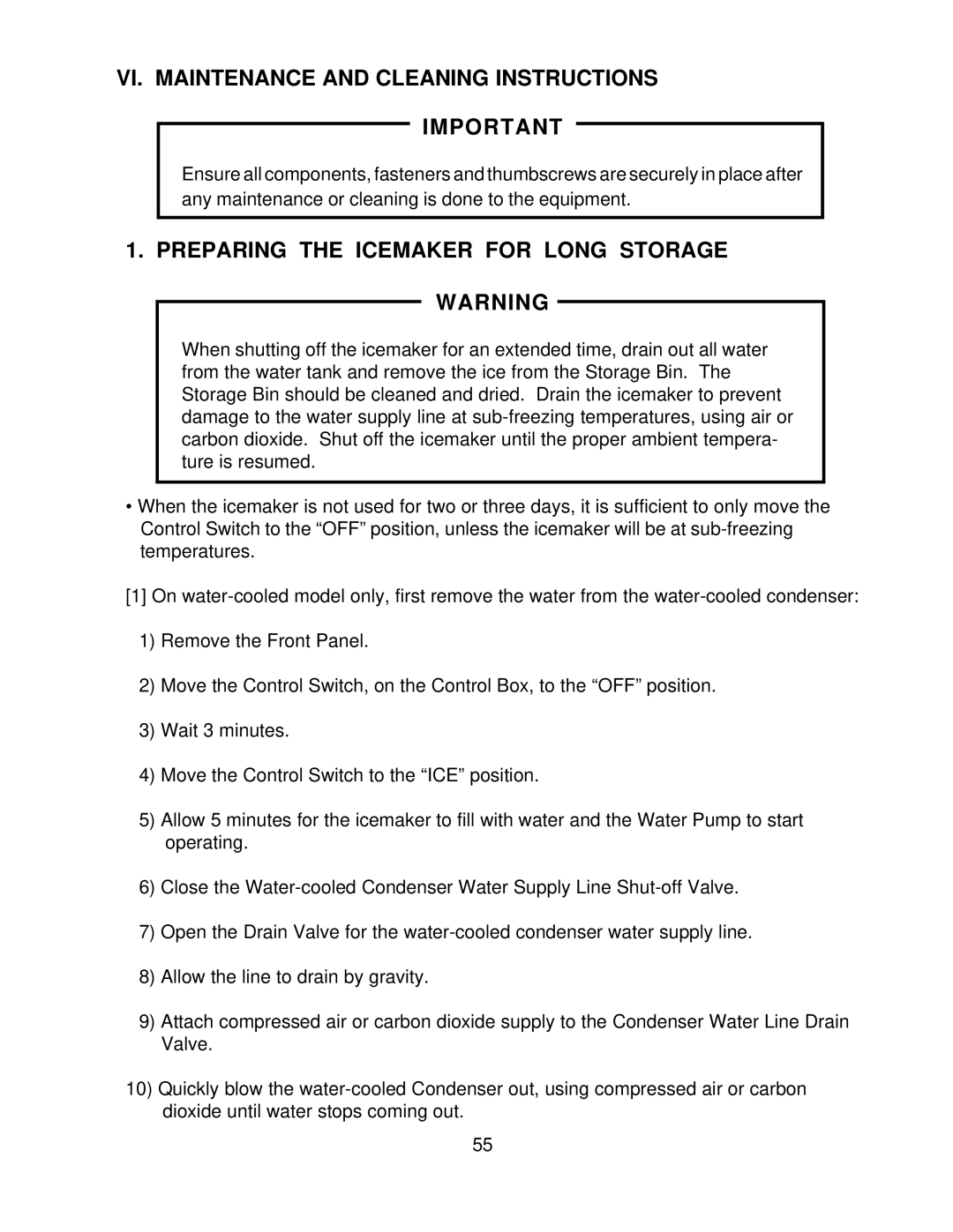 Hoshizaki KM-630MWF, KM-630MAF VI. Maintenance and Cleaning Instructions, Preparing the Icemaker for Long Storage 