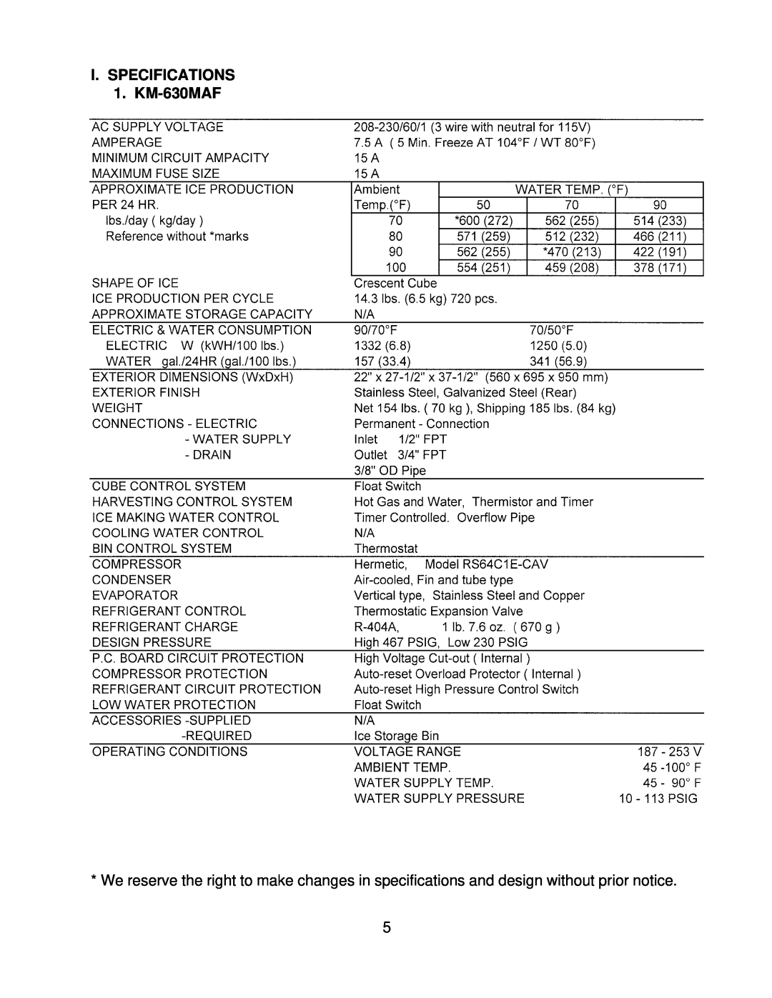 Hoshizaki KM-630MRF, KM-630MWF service manual I. SPECIFICATIONS 1. KM-630MAF 