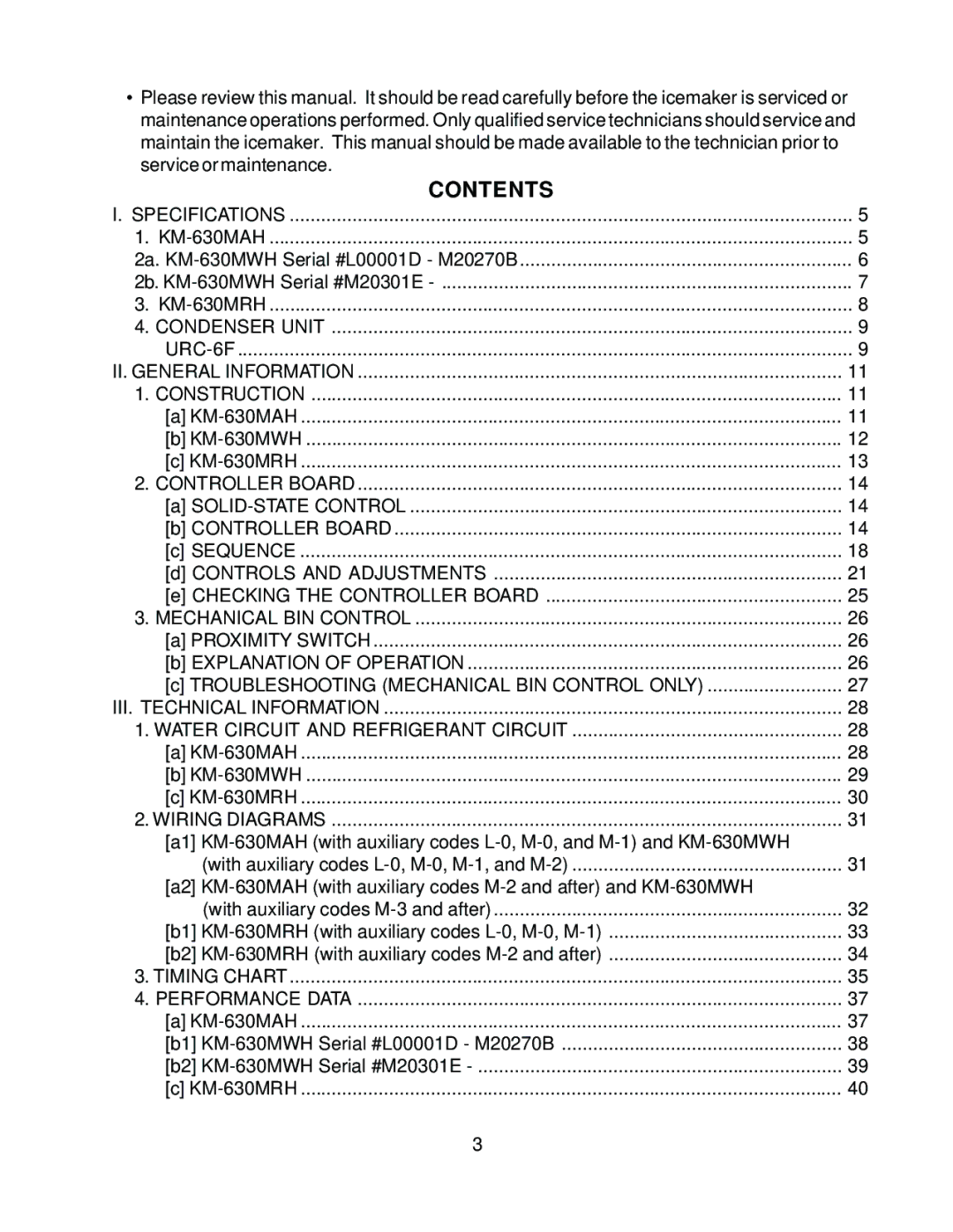 Hoshizaki KM-630MWH, KM-630MRH, KM-630MAH service manual Contents 