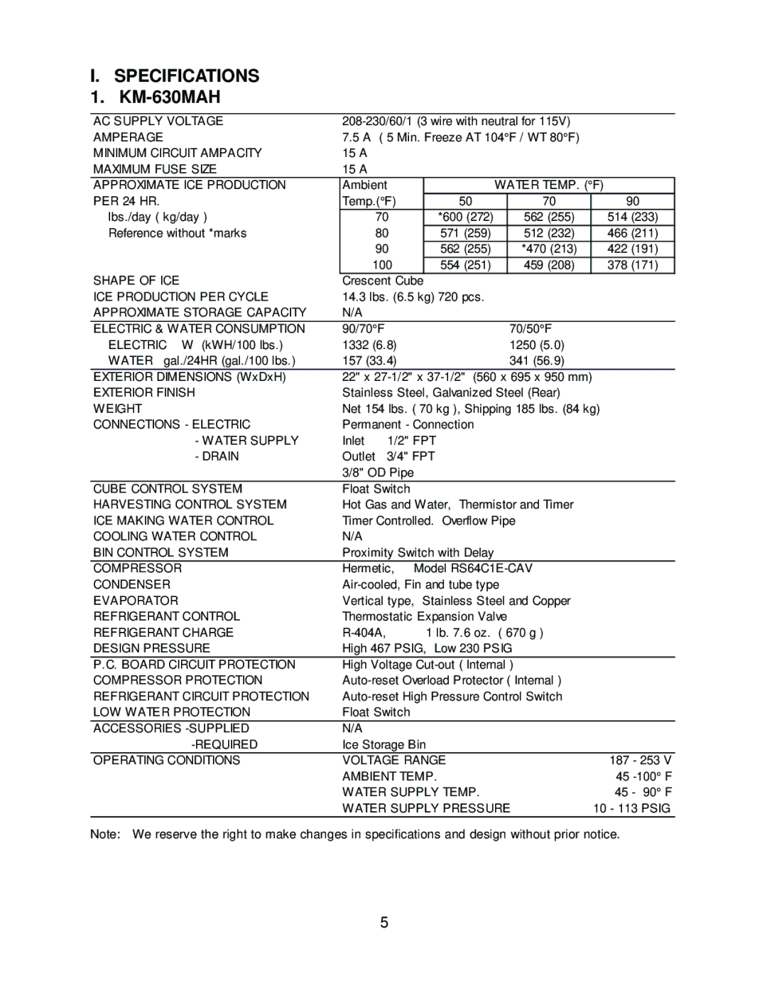 Hoshizaki KM-630MWH, KM-630MRH service manual Specifications KM-630MAH, Water TEMP. F 