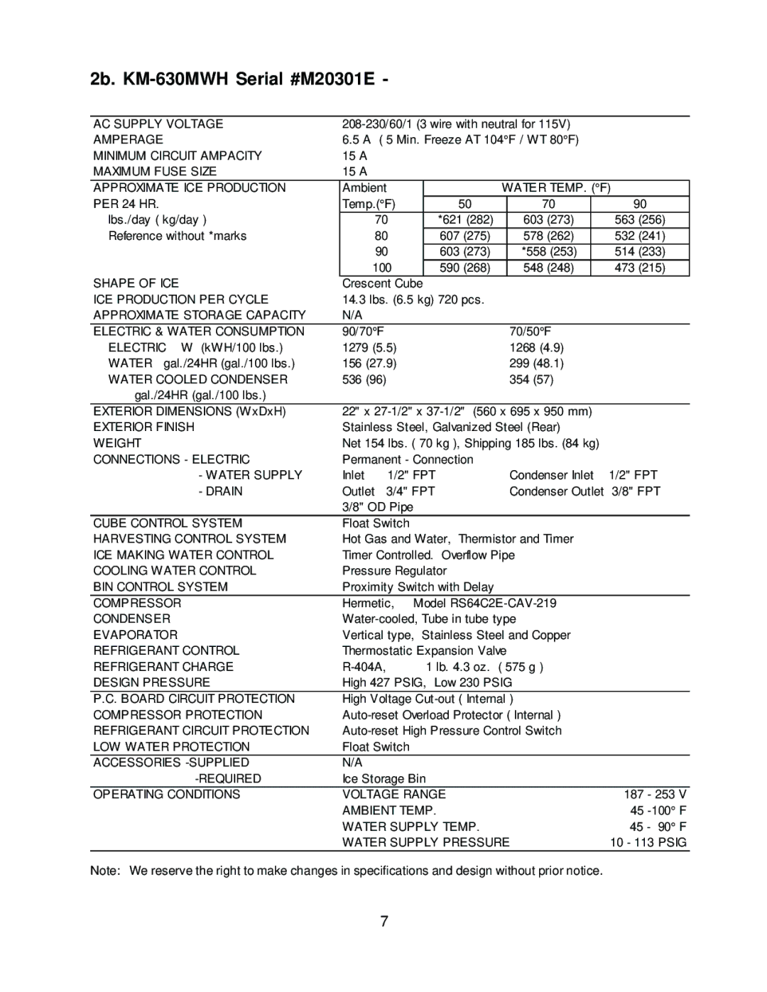 Hoshizaki KM-630MRH, KM-630MAH service manual 2b. KM-630MWH Serial #M20301E 