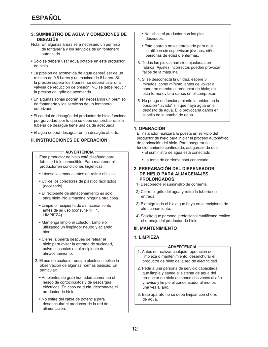 Hoshizaki KM-650MAH-E, KM-515MAH-E, KM-320MAH-E Suministro DE Agua Y Conexiones DE Desagüe, II. Instrucciones DE Operación 