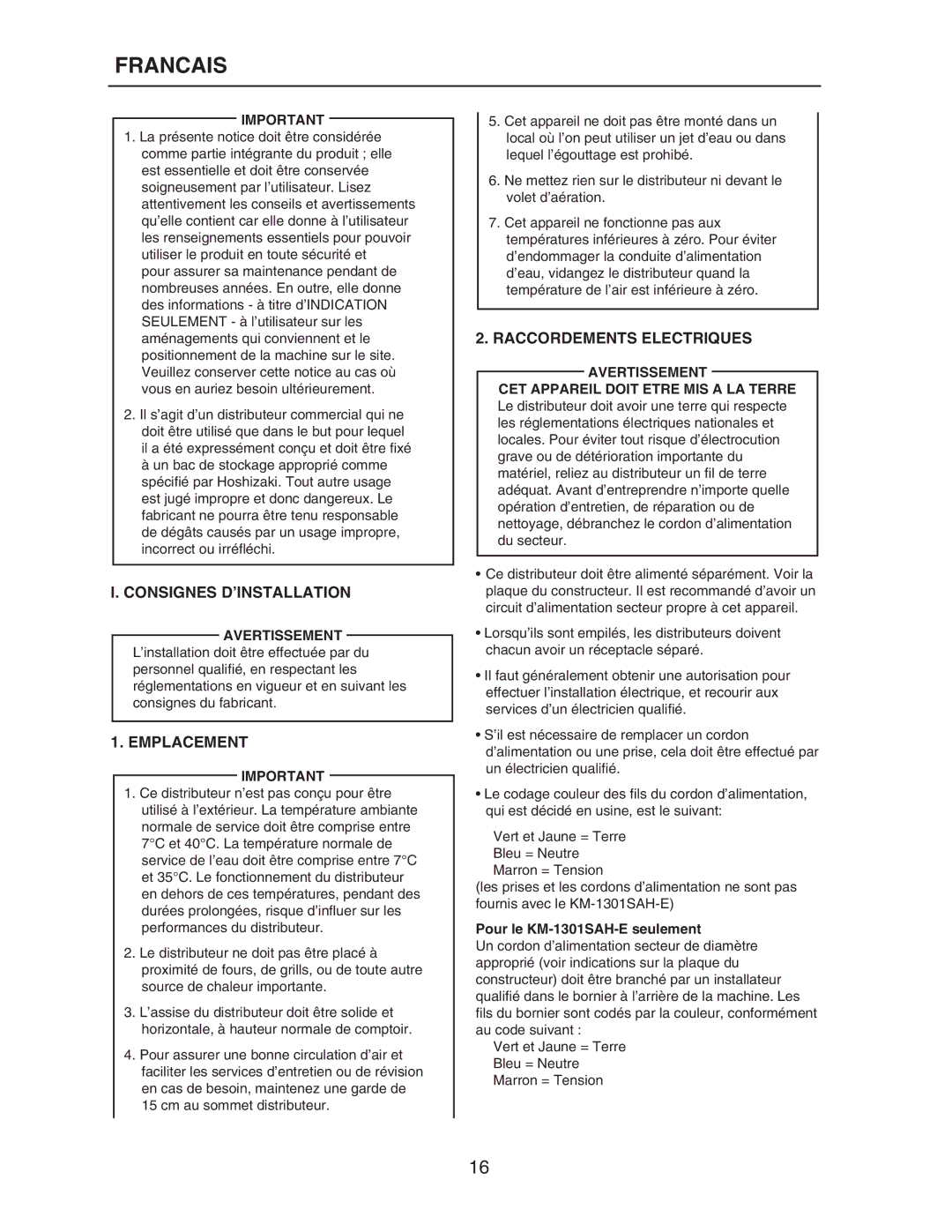 Hoshizaki KM-515MAH-E Francais, Consignes D’INSTALLATION, Emplacement, Raccordements Electriques, Avertissement 