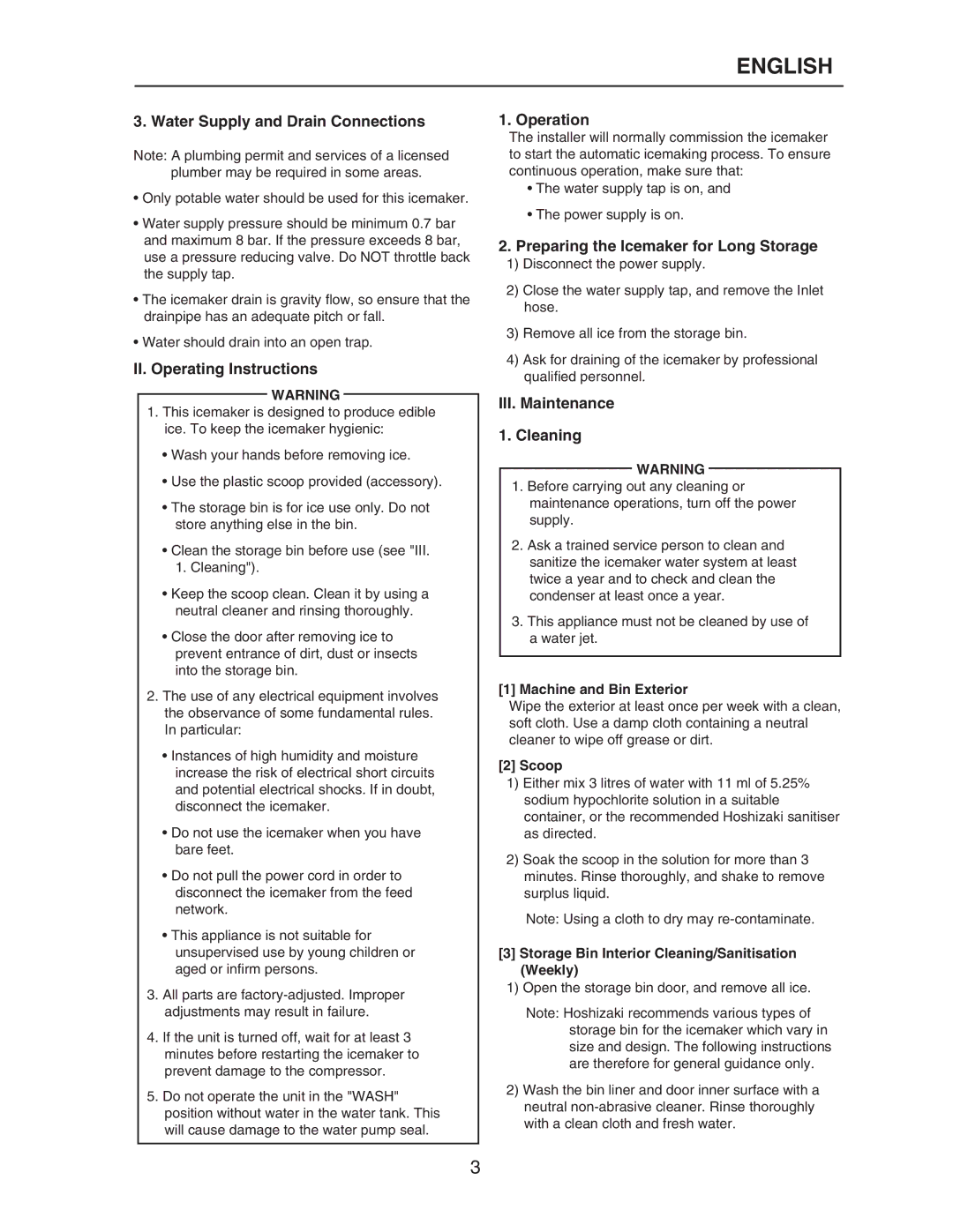 Hoshizaki KM-650MAH-E Water Supply and Drain Connections, II. Operating Instructions, Operation, III. Maintenance Cleaning 