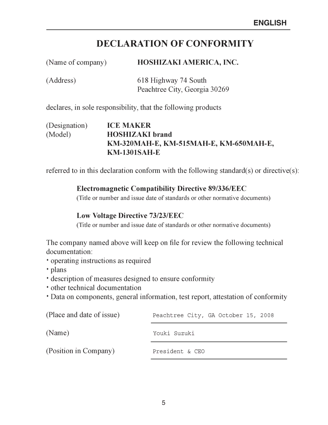 Hoshizaki KM-320MAH-E, KM-650MAH-E, KM-515MAH-E instruction manual Declaration of Conformity, Hoshizaki AMERICA, INC 