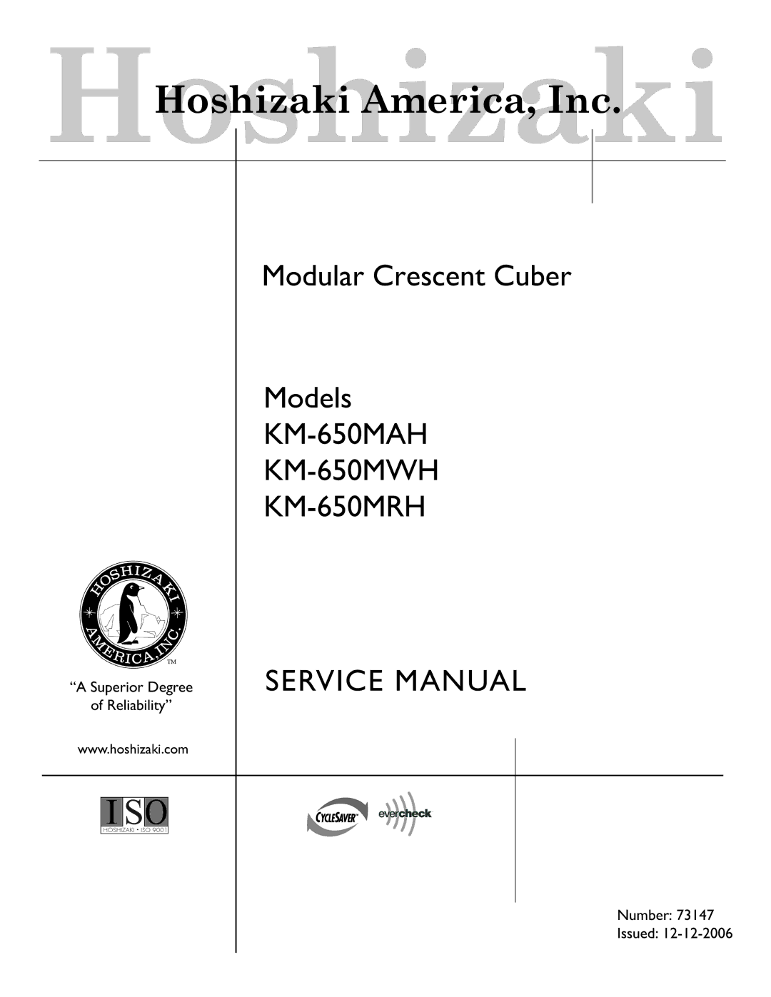 Hoshizaki service manual KM-650MAH KM-650MWH KM-650MRH 