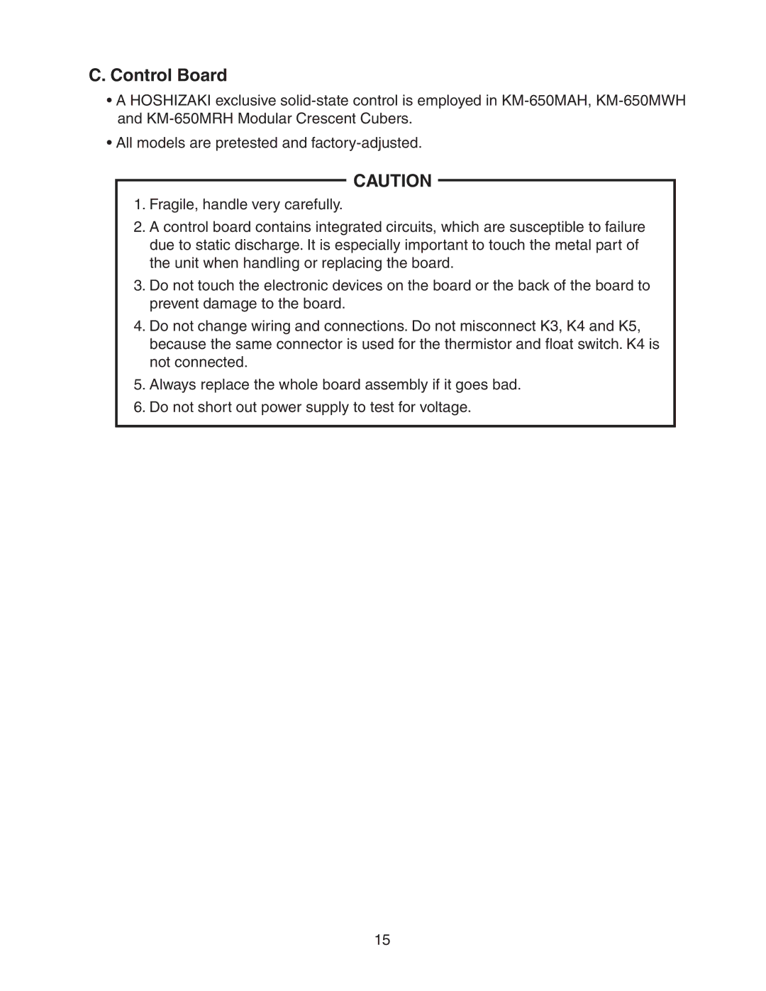 Hoshizaki KM-650MAH, KM-650MRH, KM-650MWH service manual Control Board 