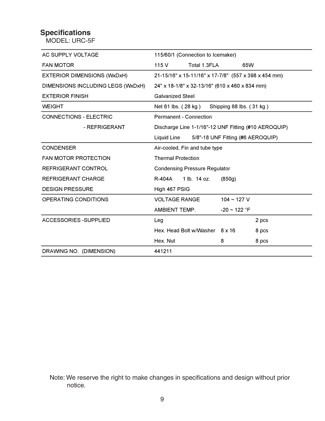 Hoshizaki KM-650MAH, KM-650MRH, KM-650MWH service manual Specifications, Model URC-5F 