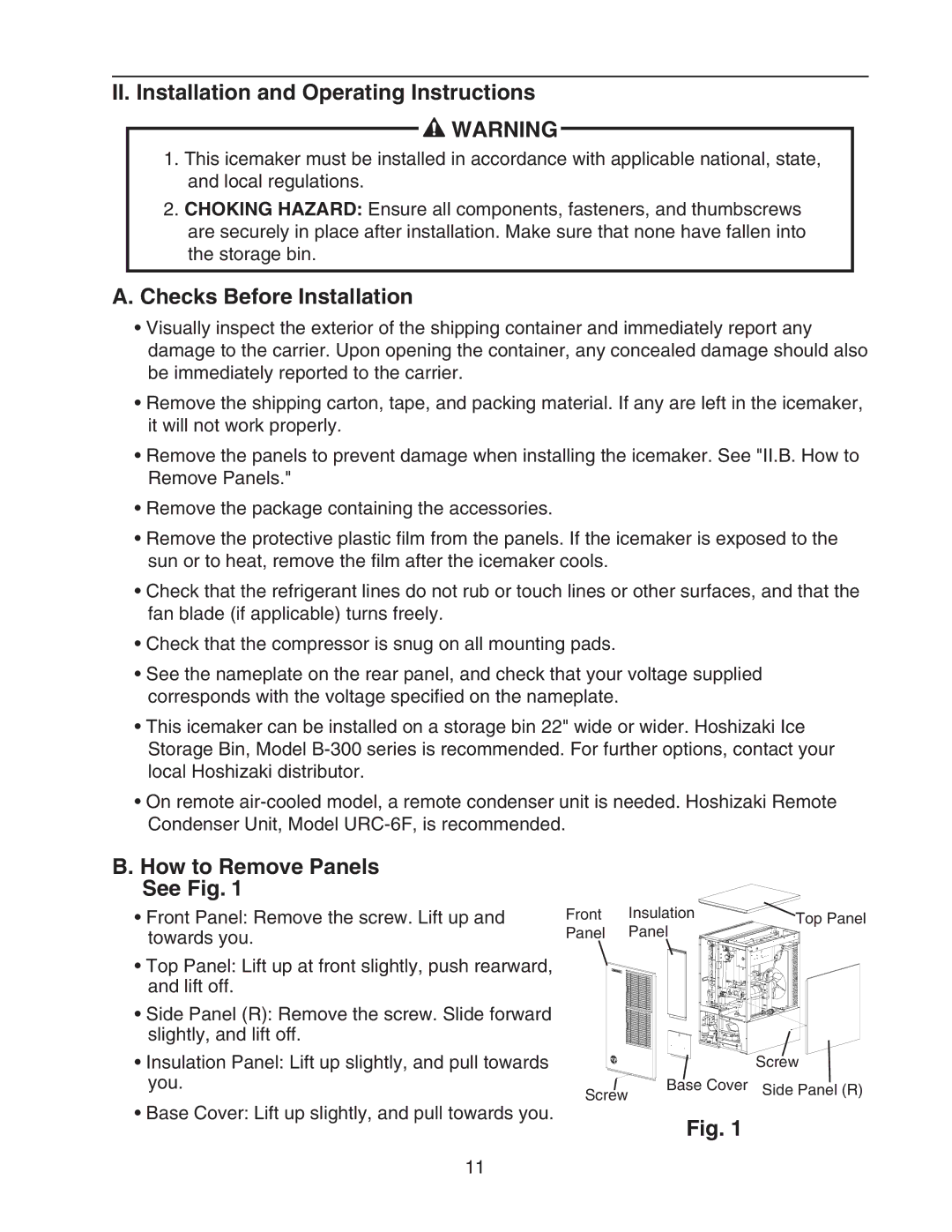 Hoshizaki KM-650MAH II. Installation and Operating Instructions, Checks Before Installation, How to Remove Panels See Fig 