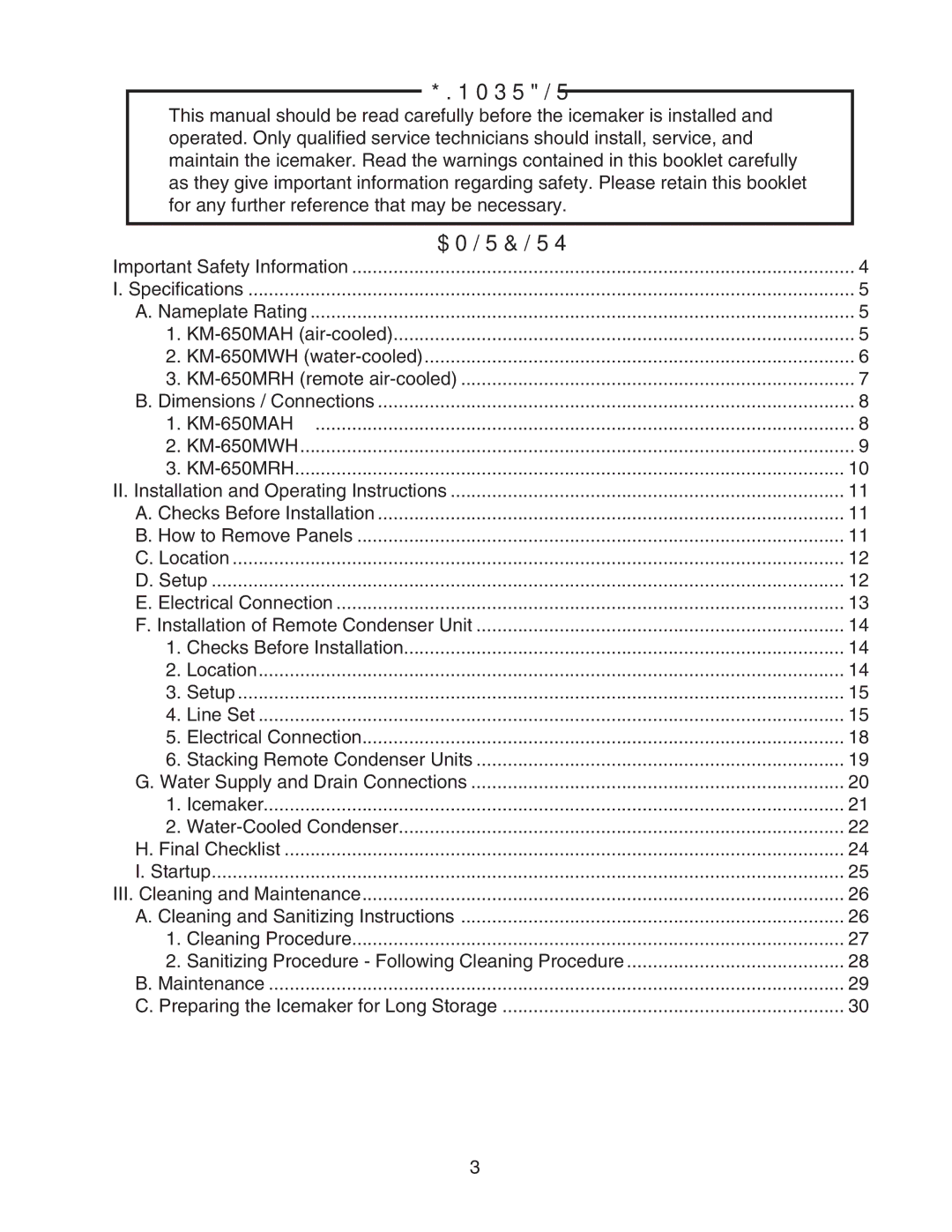 Hoshizaki KM-650MAH instruction manual Contents 