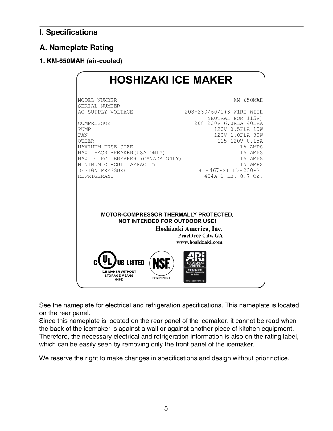 Hoshizaki instruction manual Specifications Nameplate Rating, KM-650MAH air-cooled 