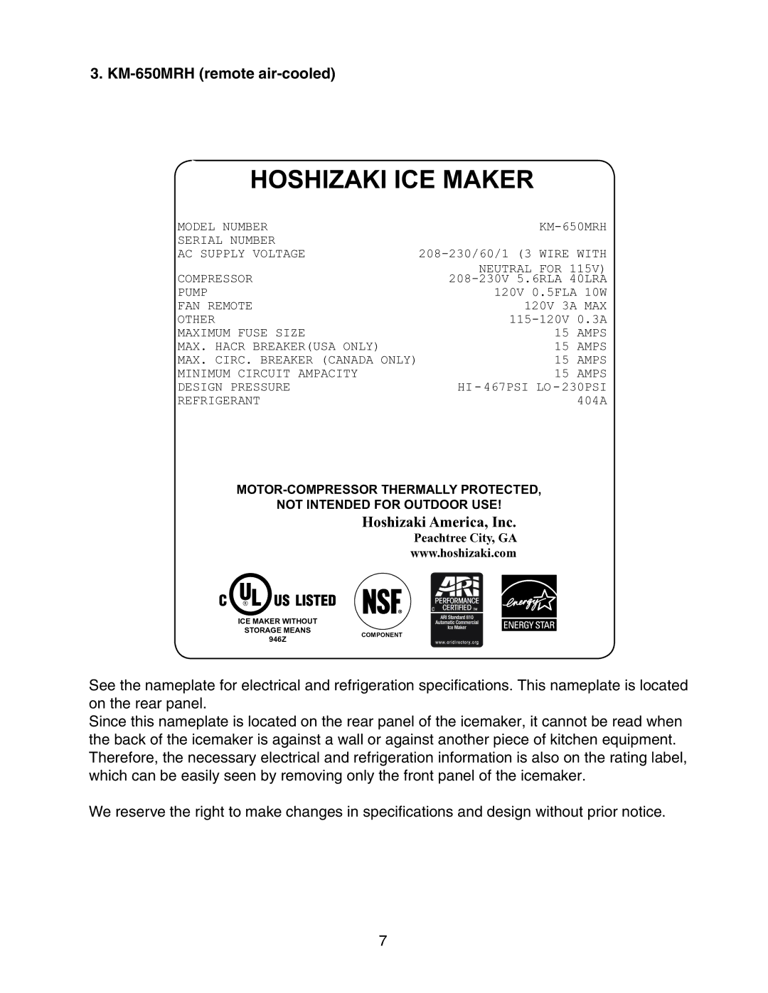 Hoshizaki KM-650MAH instruction manual KM-650MRH remote air-cooled 