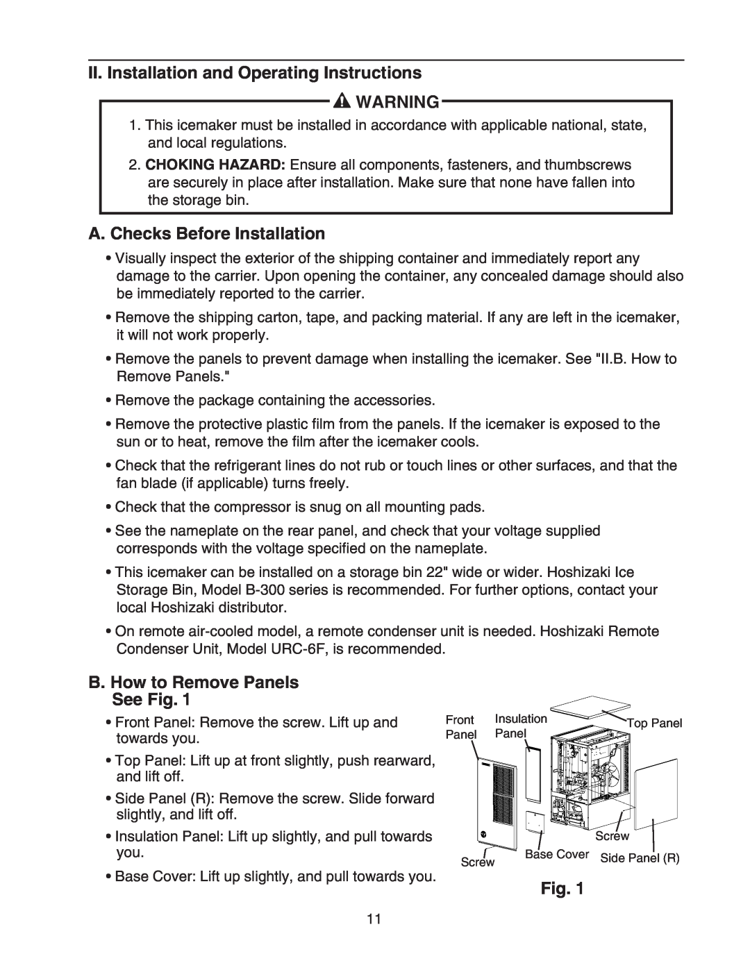 Hoshizaki KM-650MAH II. Installation and Operating Instructions, A. Checks Before Installation, B. How to Remove Panels 