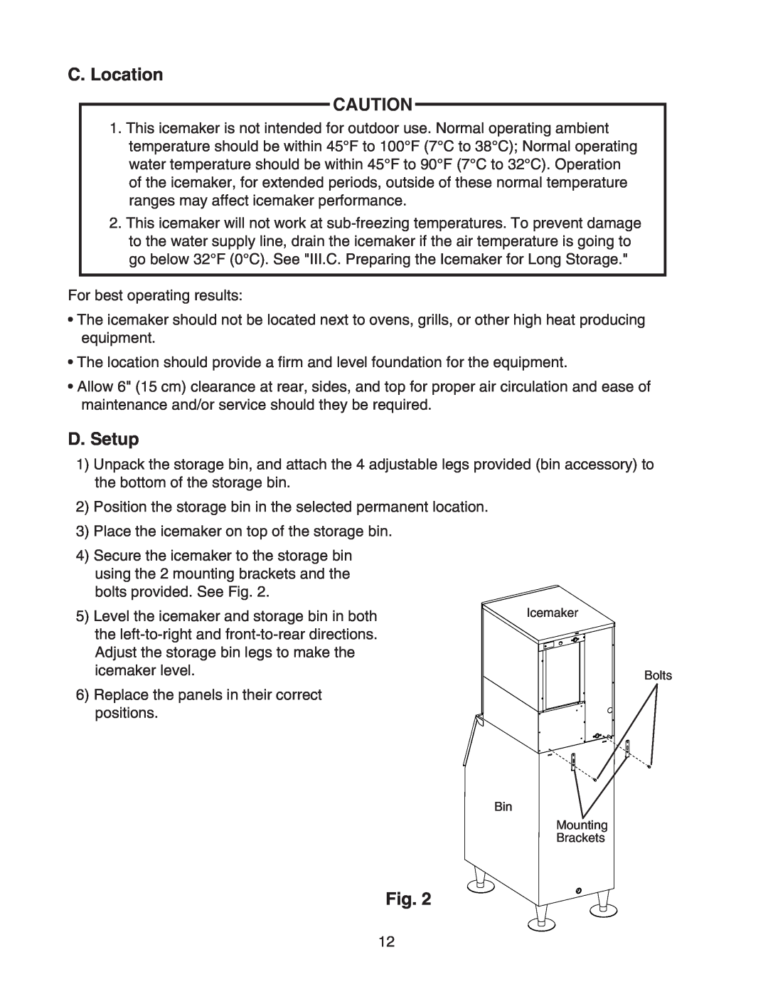 Hoshizaki KM-650MAH instruction manual C. Location, D. Setup 