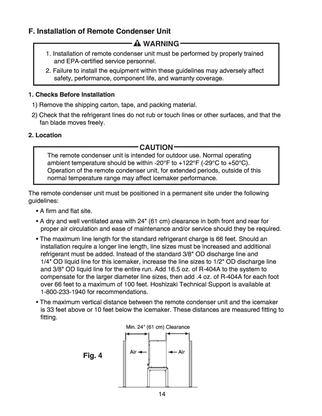 Hoshizaki KM-650MAH instruction manual F. Installation of Remote Condenser Unit, Checks Before Installation, Location 